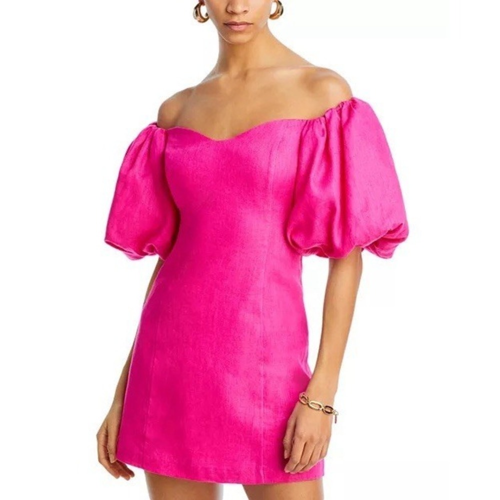 RHODE Dali Puff Sleeve‎ Mini Dress 100% Linen Hot Pink Size 4